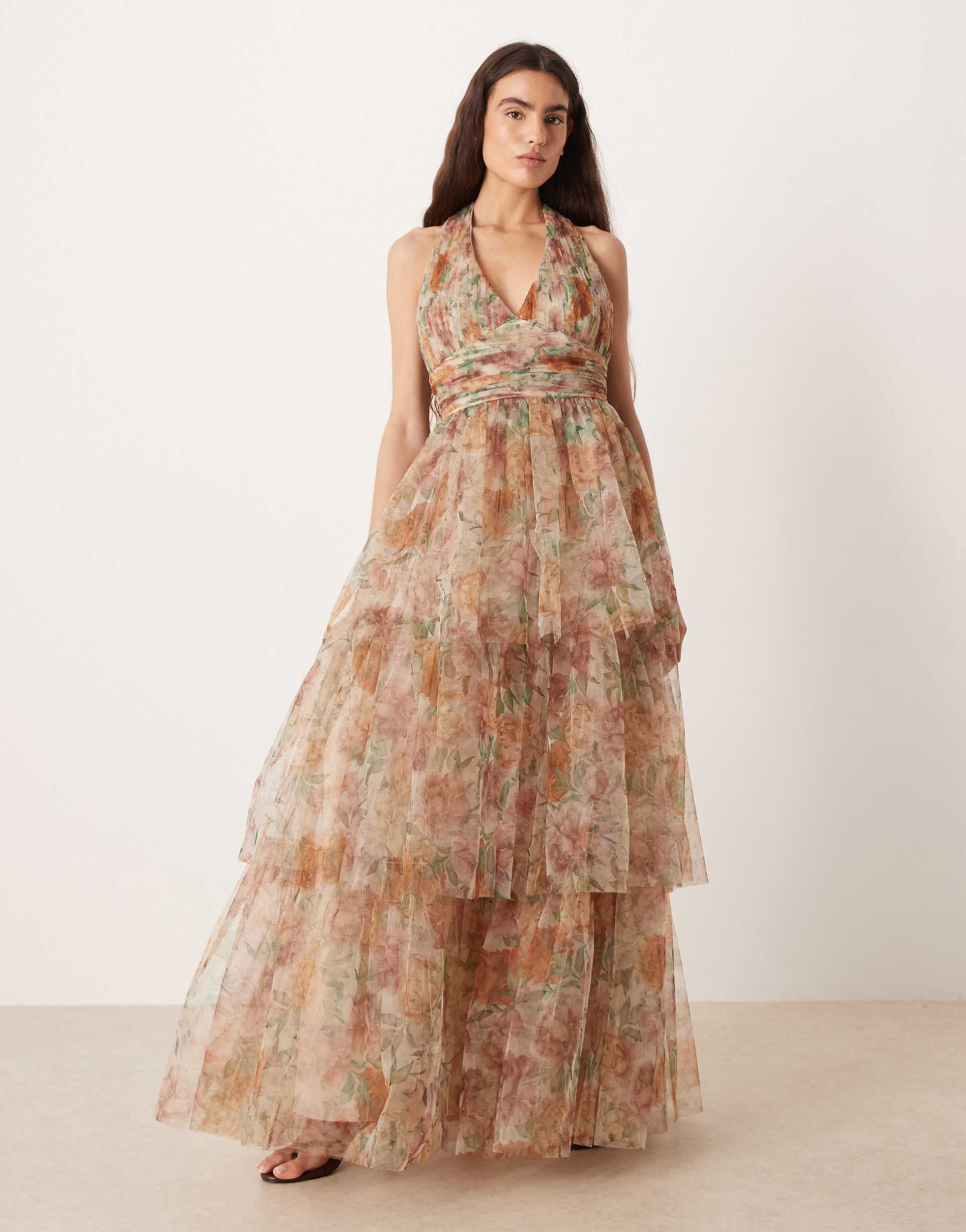 lace & beads tulle halter neck tiered maxi dress in cream floral