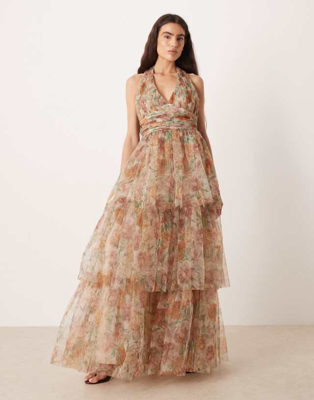 Lace & Beads tulle halter neck tiered maxi dress in cream floral