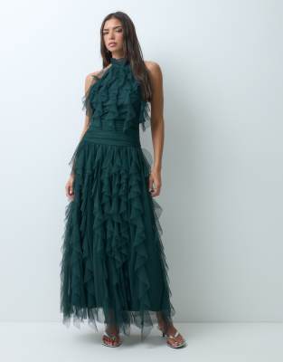 Lace & Beads Tulle Halter Ruffle Detail Tiered Maxi Dress In Animal Print