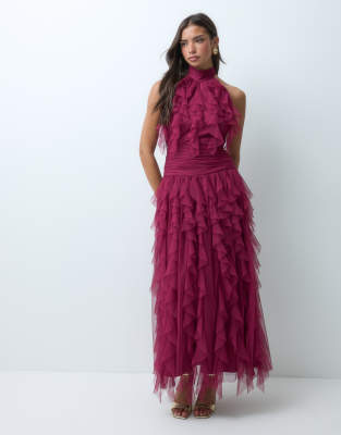 Lace & Beads Tulle Halter Ruffle Detail Tiered Maxi Dress In Multi