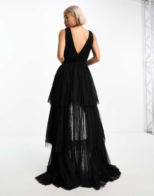 Lace Beads tulle high low plunge maxi dress with tiered skirt in black ASOS