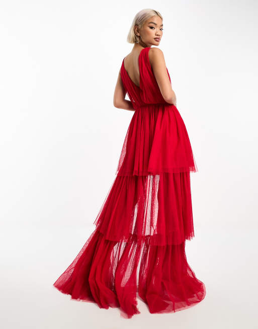 Lace Beads tulle high low plunge maxi dress with tiered skirt in red