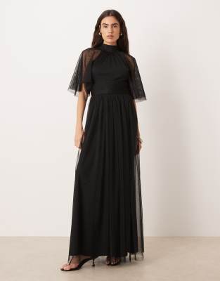 Lace & Beads Tulle High Neck Sheer Flutter Sleeve Maxi Dress In Black