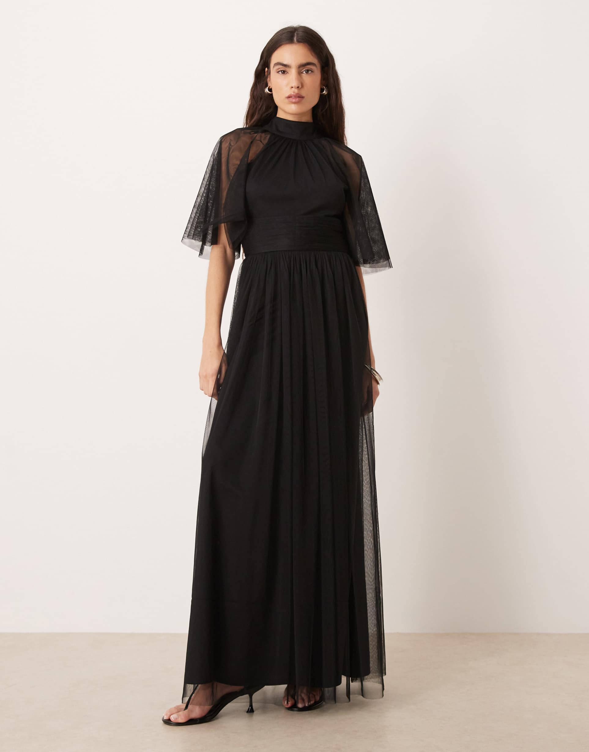 lace & beads tulle high neck sheer flutter sleeve maxi dress in black