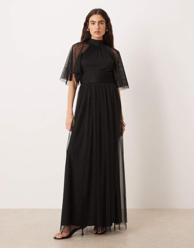 Lace & Beads tulle high neck sheer flutter sleeve maxi dress in