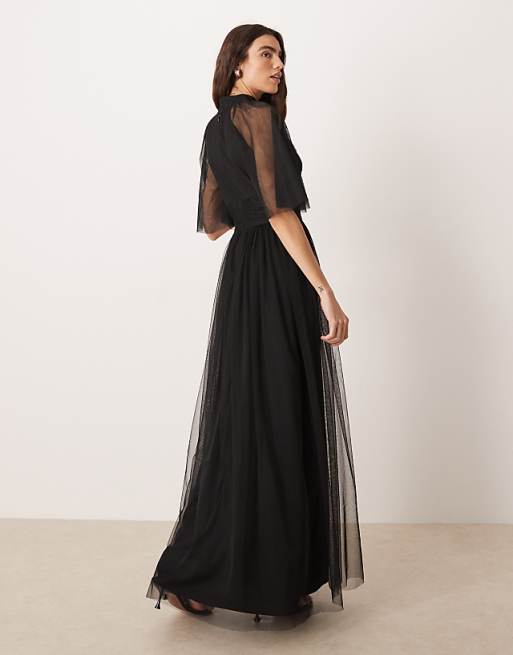 tulle maxi dress with sleeves Ocean Wave Sheer Model details Lantern Long Sleeve Split Tulle