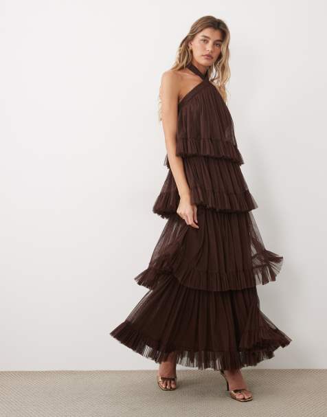 Lace & Beads tulle high neck tiered fringe detail maxi dress in chocolate - view 1