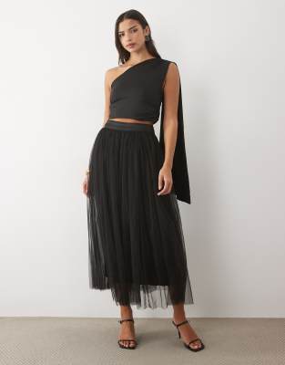 Lace & Beads Tulle High Waist Full Maxi Skirt In Black