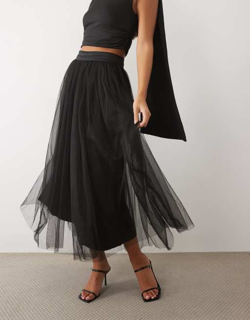 Lace & Beads tulle high waist full maxi skirt in black, 2 of 5