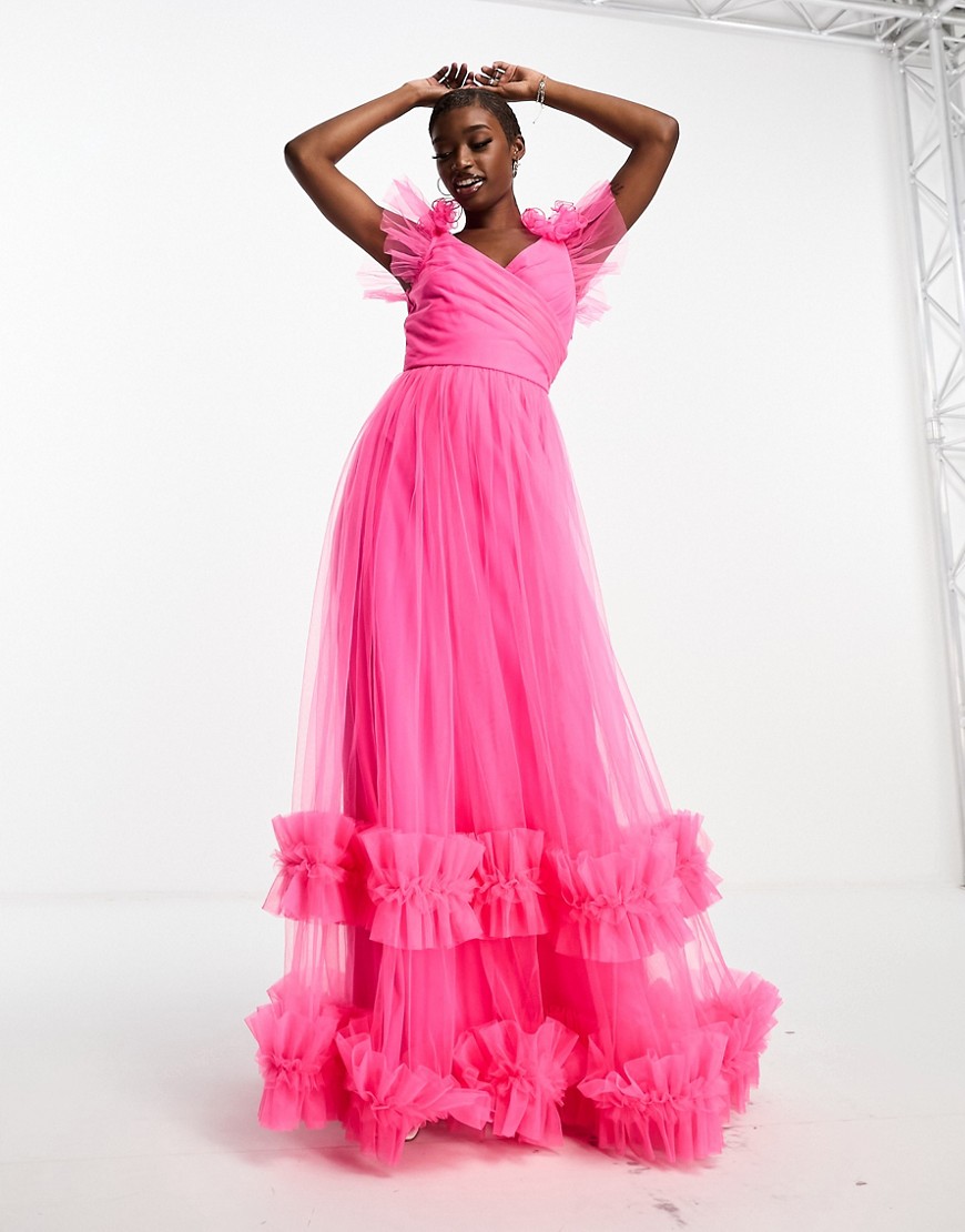 tulle maxi dress with frill detail in bright pink