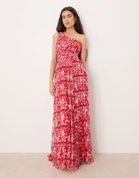 Lace & Beads - Tulle - Maxi jurk met blote schouder, sjaalhals en bloemenprint in rood - view 1
