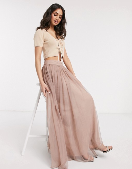 Lace & Beads tulle maxi skirt in mink