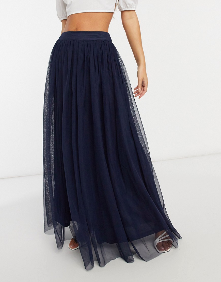 Lace & Beads Tulle Maxi Skirt In Navy