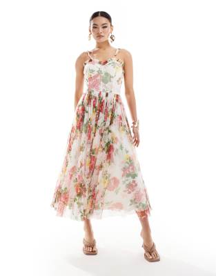 tulle midi dress in cream floral-Multi