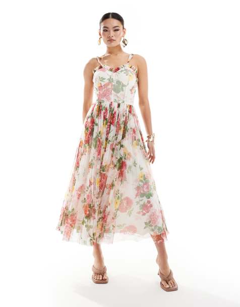 Lace & Beads tulle midi dress in cream floral - view 1