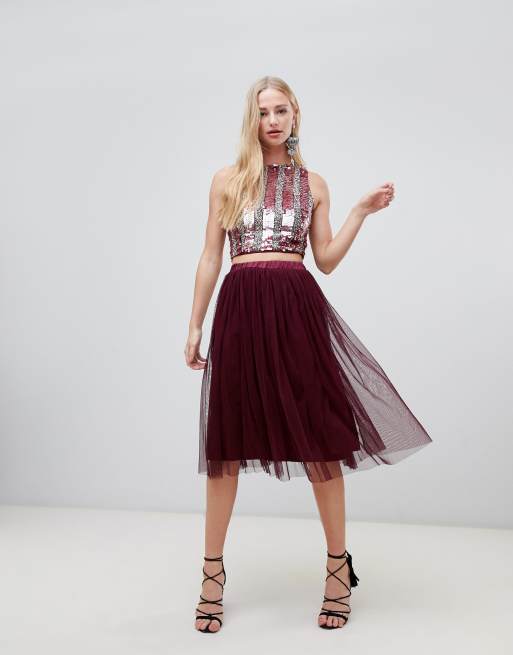 lace and beads tulle midi skirt