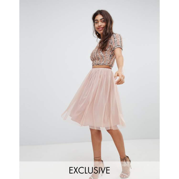 Lace Beads tulle midi skirt in mink ASOS