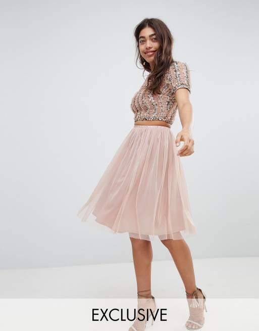 Lace And Beads Tulle Midi Skirt In Mink Asos