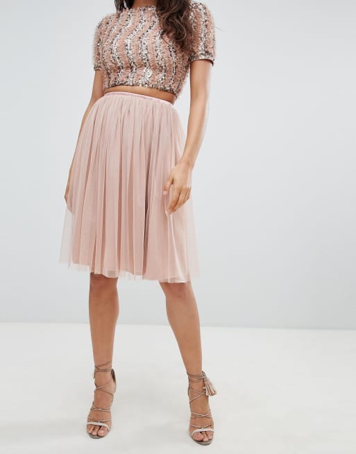 Lace & beads tulle midi skirt in clearance taupe