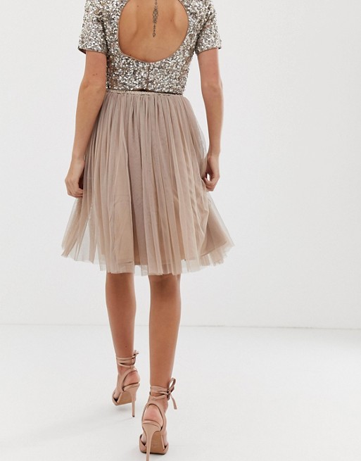 Lace & Beads tulle midi skirt in taupe