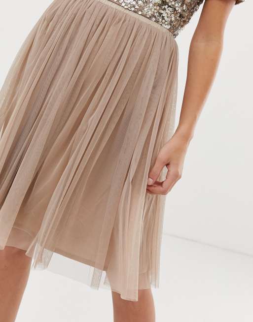 Lace & beads tulle 2025 midi skirt in taupe