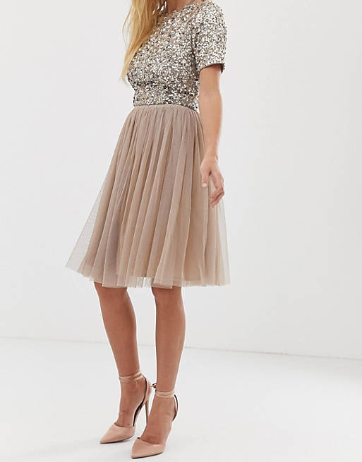 Women Lace & Beads tulle midi skirt in taupe 