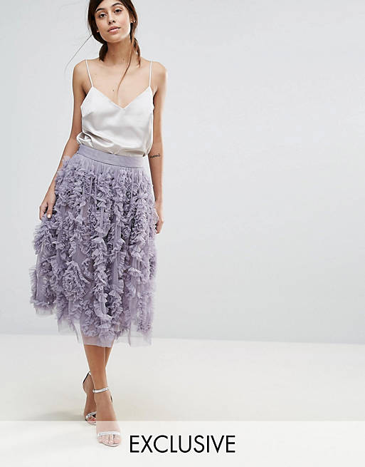 Lace & Beads Tulle Midi Skirt With 3D Shirring Detail