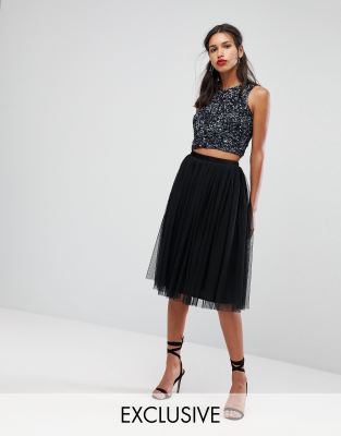 lace & beads tulle midi skirt