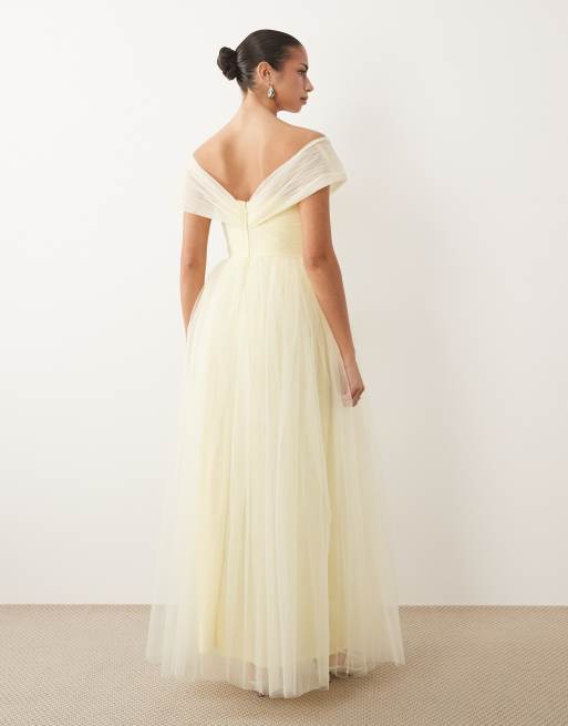 Lace & Beads tulle off shoulder maxi dress in light lemon, 2 of 4