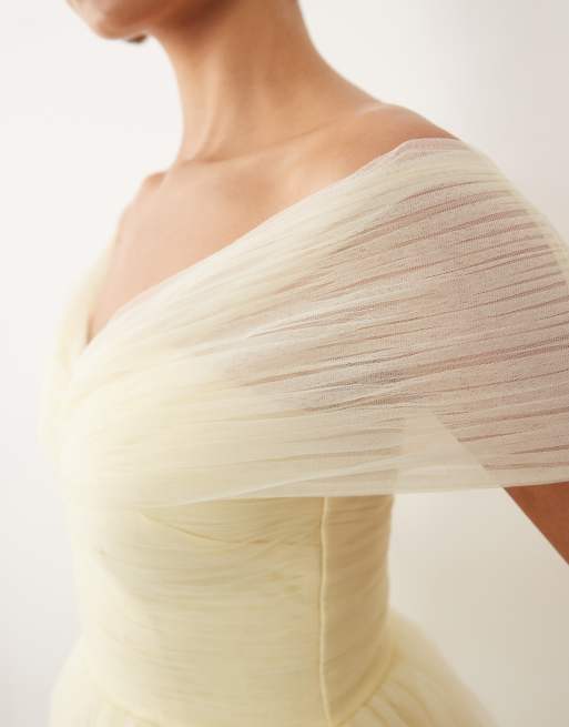 Lace & Beads tulle off shoulder maxi dress in light lemon, 3 of 4