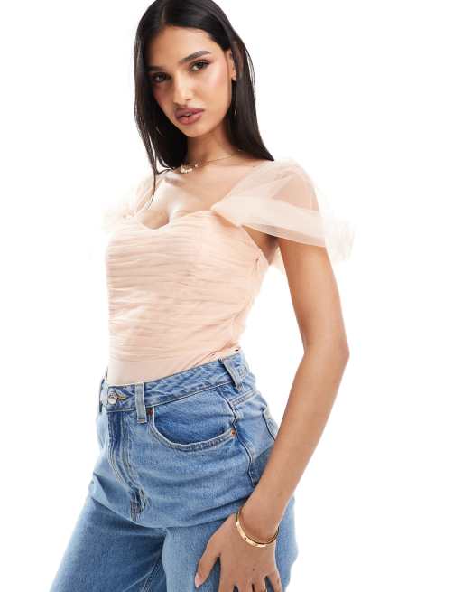 Lace & Beads tulle off the shoulder bodysuit in blush
