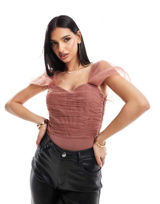 Lace & Beads tulle off the shoulder bodysuit in rose brown