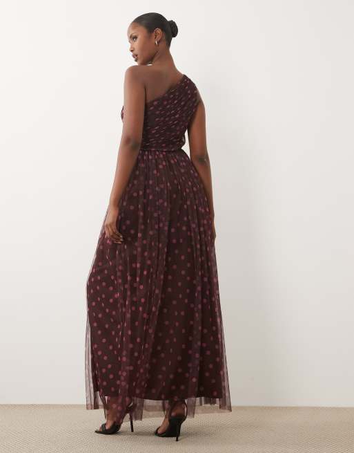Lace & Beads tulle one shoulder maxi dress in pink and purple polka dot, 4 of 4
