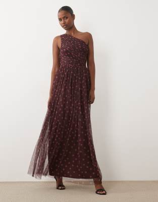 Lace & Beads Tulle One Shoulder Maxi Dress In Multi