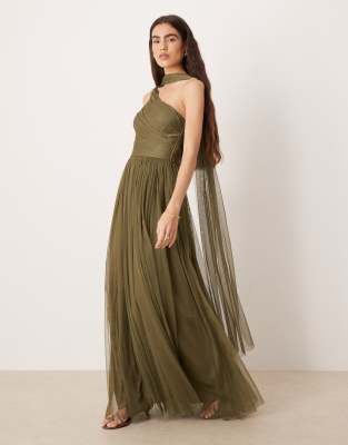 Lace & Beads Tulle One Shoulder Scarf Neck Maxi Dress In Green