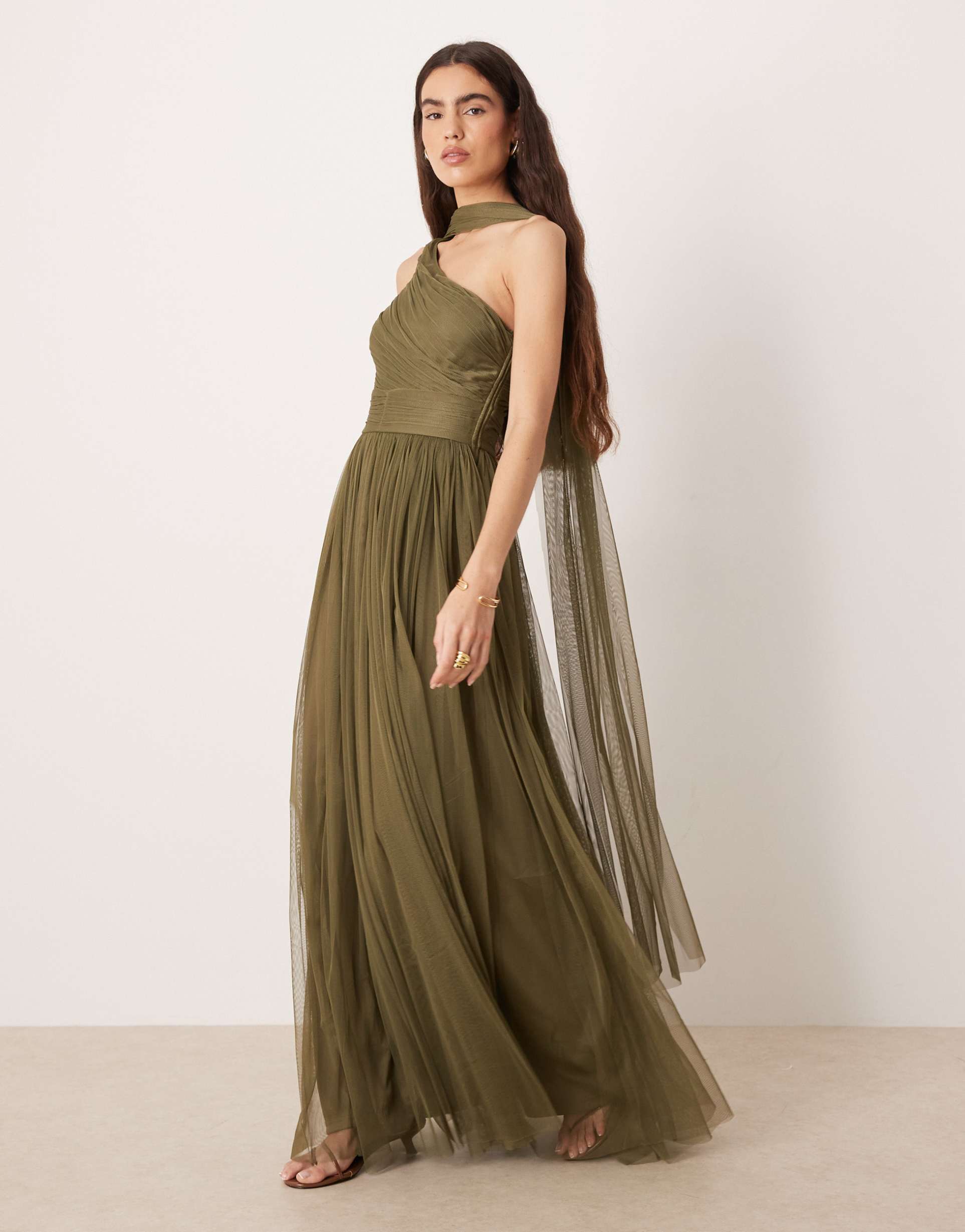 lace & beads tulle one shoulder scarf neck maxi dress in deep olive