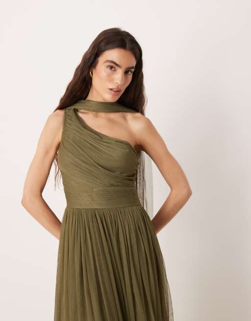 Lace & Beads tulle one shoulder scarf neck maxi dress in deep olive, 2 of 4
