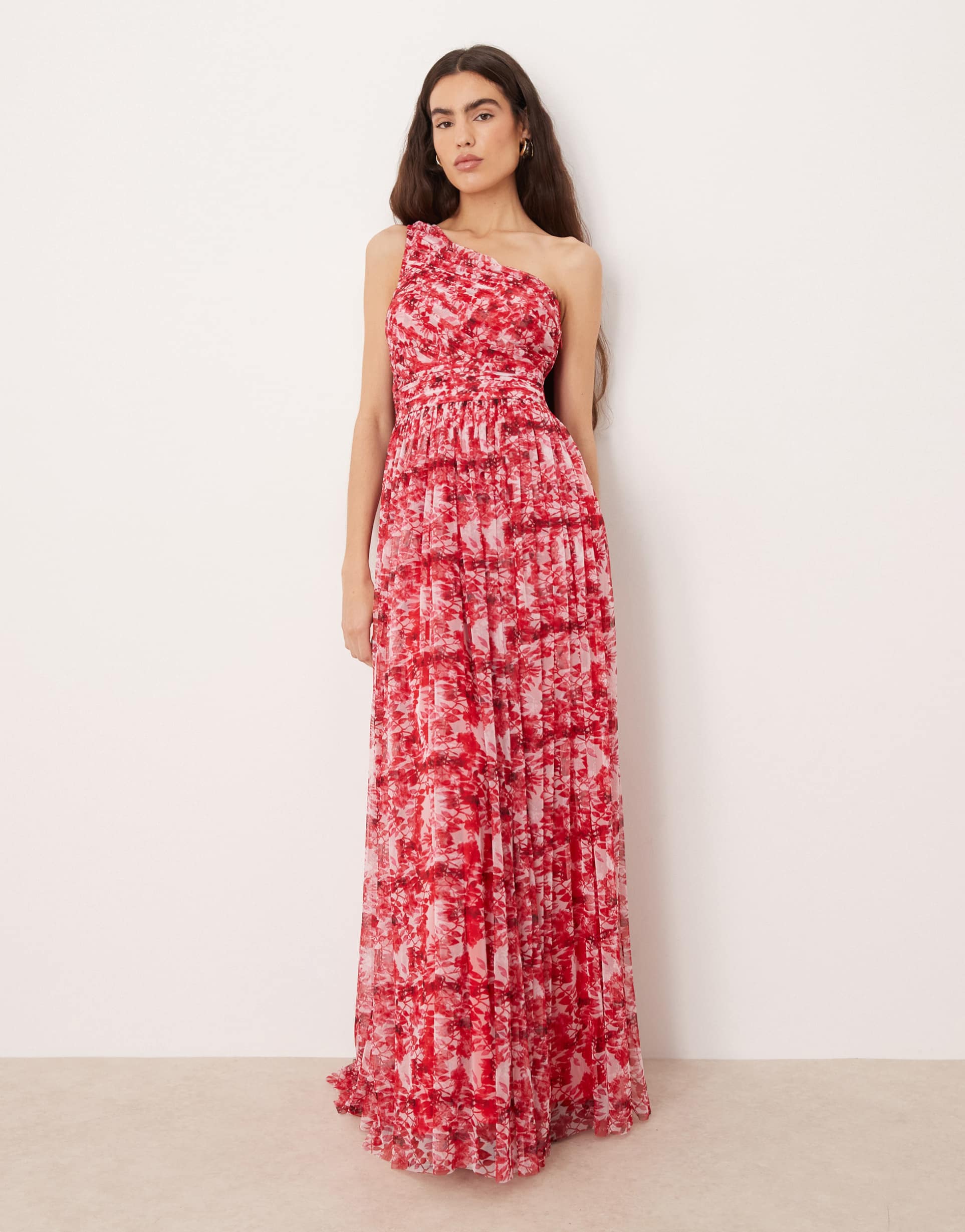 lace & beads tulle one shoulder scarf neck maxi dress in red floral print