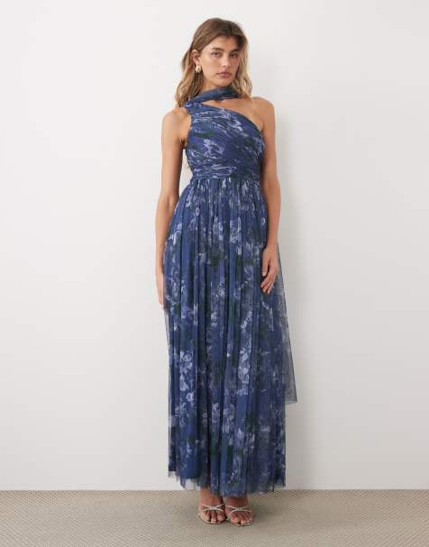 Lace & Beads tulle one shoulder scarf neck maxi dress in slate blue floral - view 1