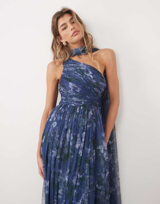 Lace & Beads tulle one shoulder scarf neck maxi dress in slate blue floral, 2 of 4