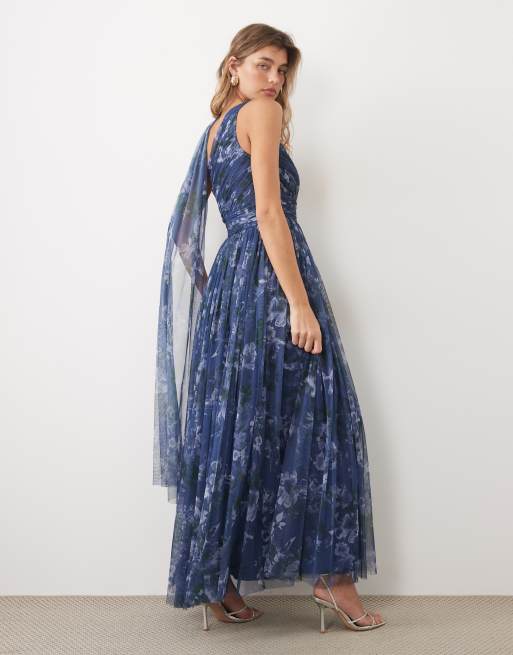Lace & Beads tulle one shoulder scarf neck maxi dress in slate blue floral, 3 of 4