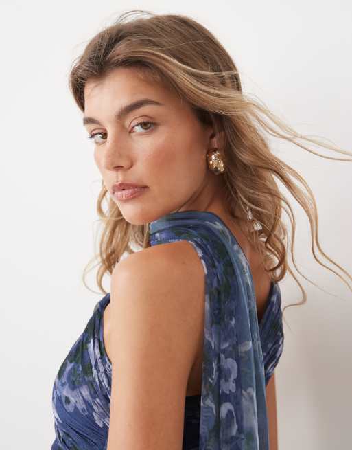 Lace & Beads tulle one shoulder scarf neck maxi dress in slate blue floral, 4 of 4