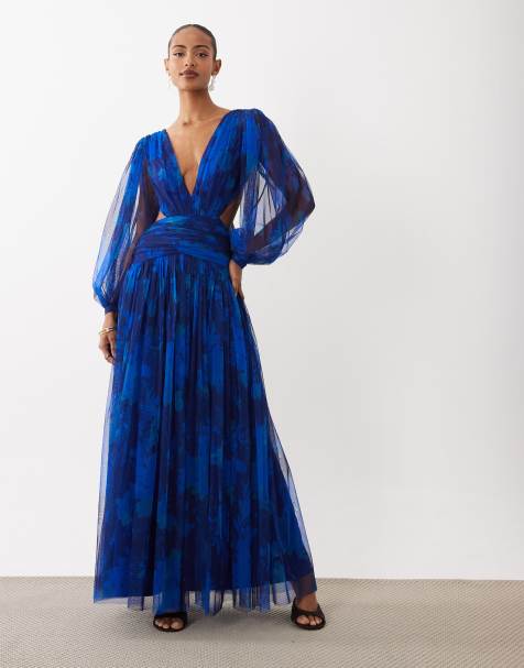 Lace & Beads tulle plunge drop hem open back maxi dress in cobalt floral