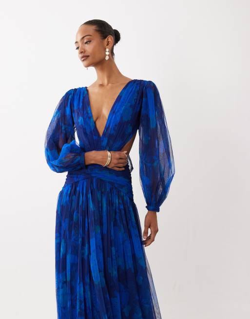 Lace & Beads tulle plunge drop hem open back maxi dress in cobalt floral, 2 of 4
