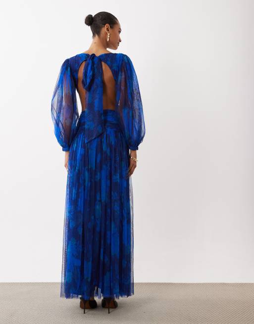 Lace & Beads tulle plunge drop hem open back maxi dress in cobalt floral, 3 of 4
