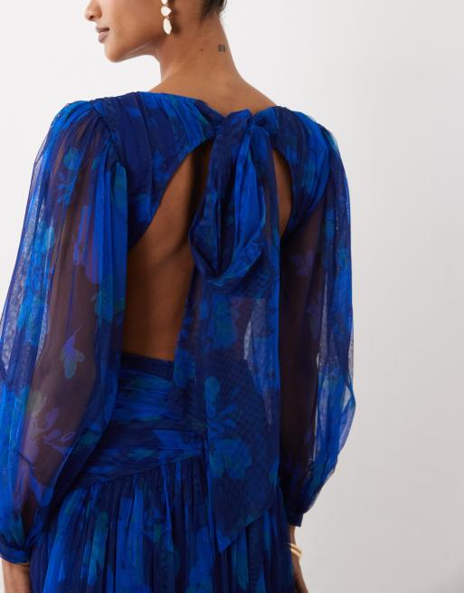 Lace & Beads tulle plunge drop hem open back maxi dress in cobalt floral, 4 of 4