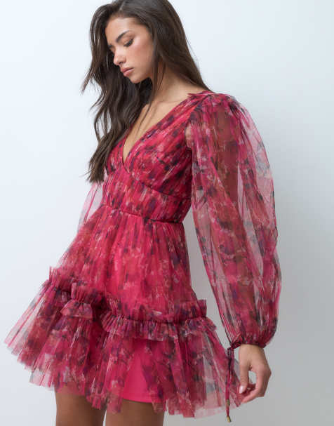 Lace & Beads tulle plunge neck balloon sleeve mini dress in red fuchsia floral - view 1