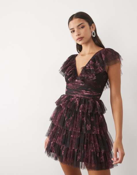 Lace & Beads tulle plunge neck tiered skirt mini dress in black floral - view 1