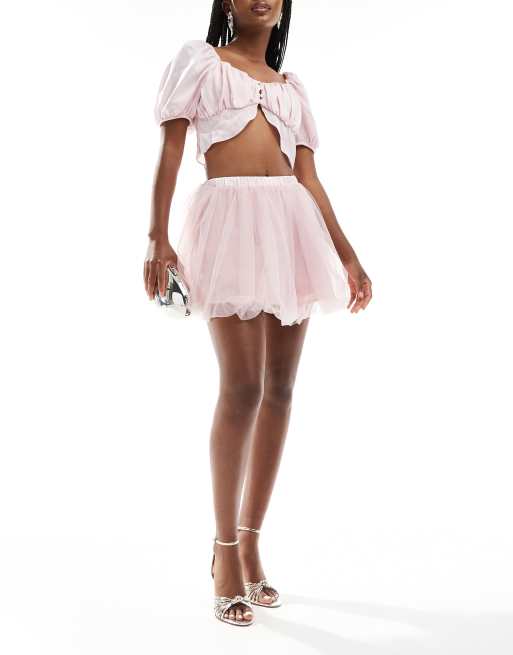 Lace Beads tulle puffball mini skirt in baby pink ASOS