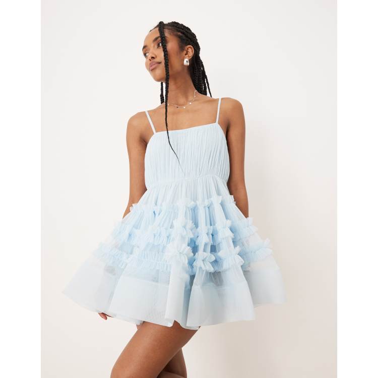 Lace & Beads tulle ruffle babydoll bodysuit mini dress in